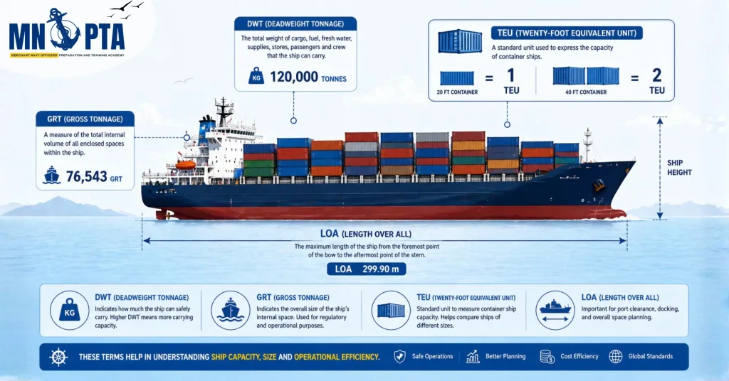 Cargo ship infographic showing DWT GRT TEU LOA