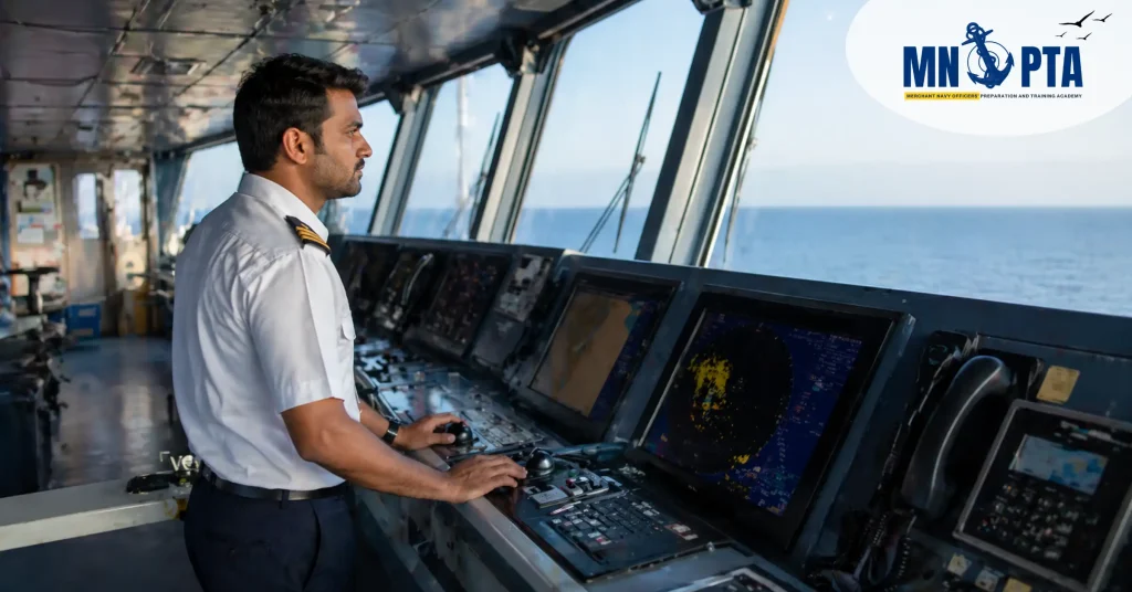 Deck officer operating navigation systems on ship bridge