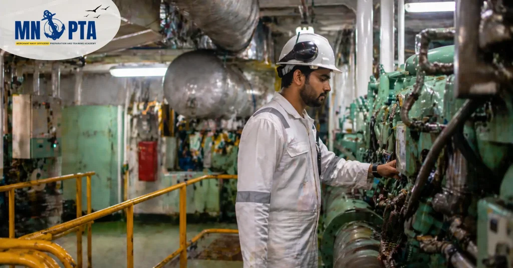 Marine engineer working inside ship engine room