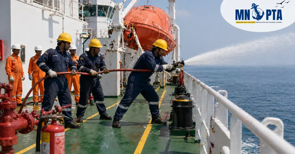 Crew performing safety drill onboard ship