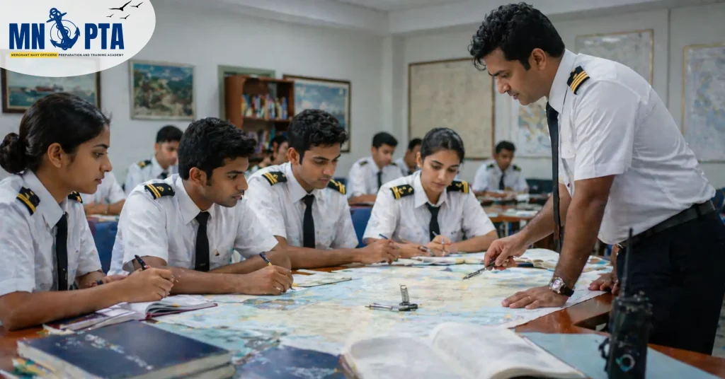 Merchant Navy students studying in training classroom