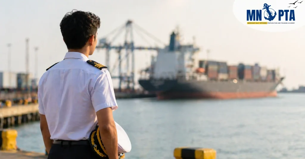 Student looking at cargo ship starting Merchant Navy journey
