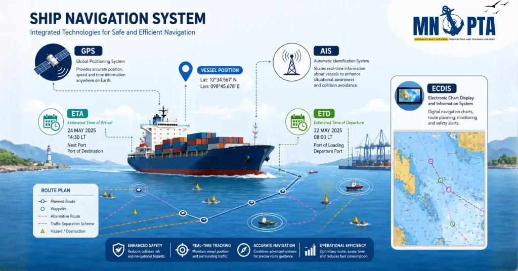 Navigation terms infographic showing ETA GPS AIS systems