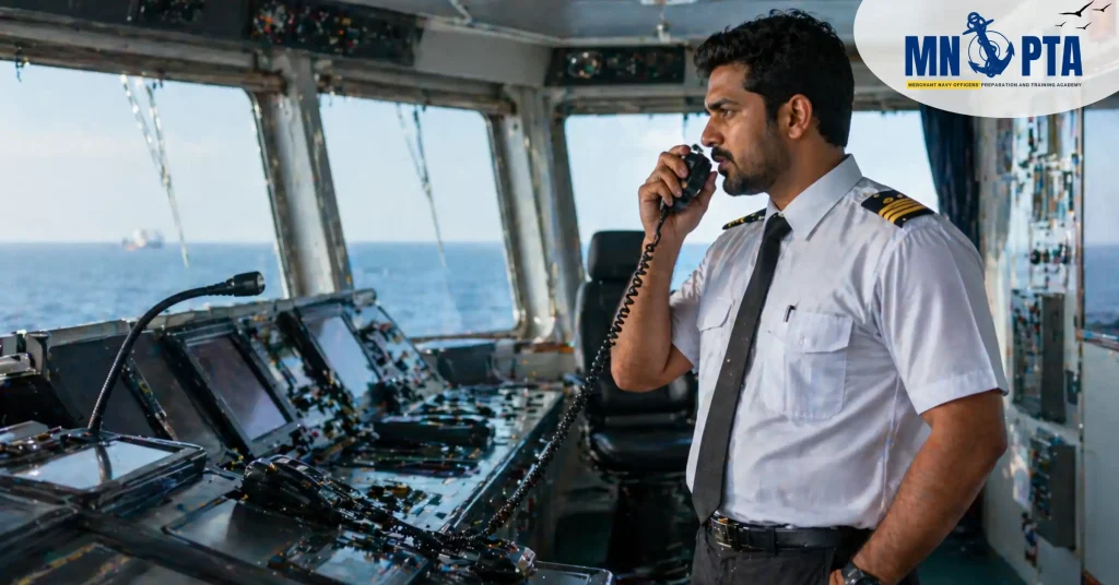 Officer communicating from ship bridge using radio